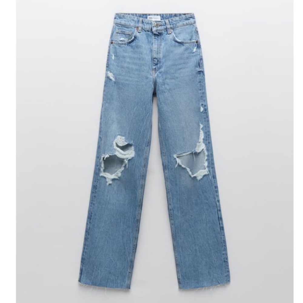 Zara Wide Leg Full Length Distressed Ripped Raw Hem Jeans